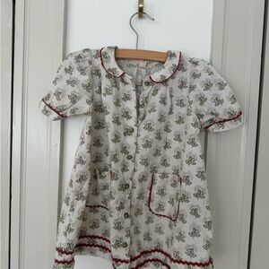 Girls Cream Floral Button-Front Dress with Red Trim